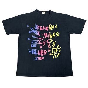 Vintage Beverly Hills Blues Graphic T-Shirt Neon 90s Retro Single Stitch Sz L